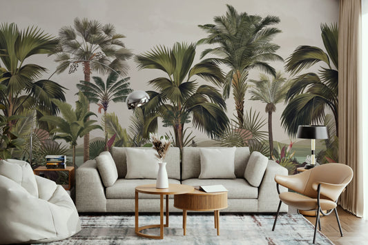 An architectural perspective of a contemporary foyer featuring the Exotic Palm Retreat Mural in Dove as a full-scale feature wall. The mural’s expansive botanical vista pairs elegantly with sleek stone surfaces and polished metal accents, creating a peaceful and cultured interior sanctuary.