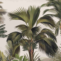 An architectural perspective of a contemporary foyer featuring the Exotic Palm Retreat Mural in Dove as a full-scale feature wall. The mural’s expansive botanical vista pairs elegantly with sleek stone surfaces and polished metal accents, creating a peaceful and cultured interior sanctuary.