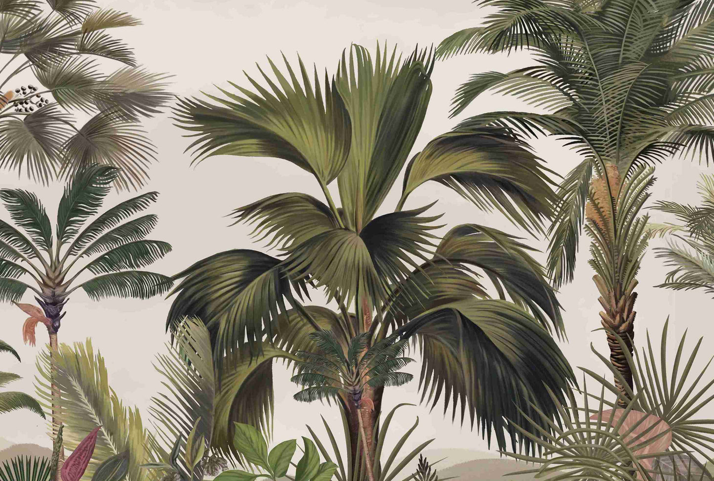 An architectural perspective of a contemporary foyer featuring the Exotic Palm Retreat Mural in Dove as a full-scale feature wall. The mural’s expansive botanical vista pairs elegantly with sleek stone surfaces and polished metal accents, creating a peaceful and cultured interior sanctuary.