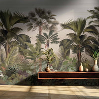An architectural perspective of a contemporary foyer featuring the Exotic Palm Retreat Mural in Noble Cream as a full-scale feature wall. The mural’s expansive botanical vista pairs elegantly with a floating dark wood console and organic ceramic vases, creating a peaceful and cultured interior sanctuary.