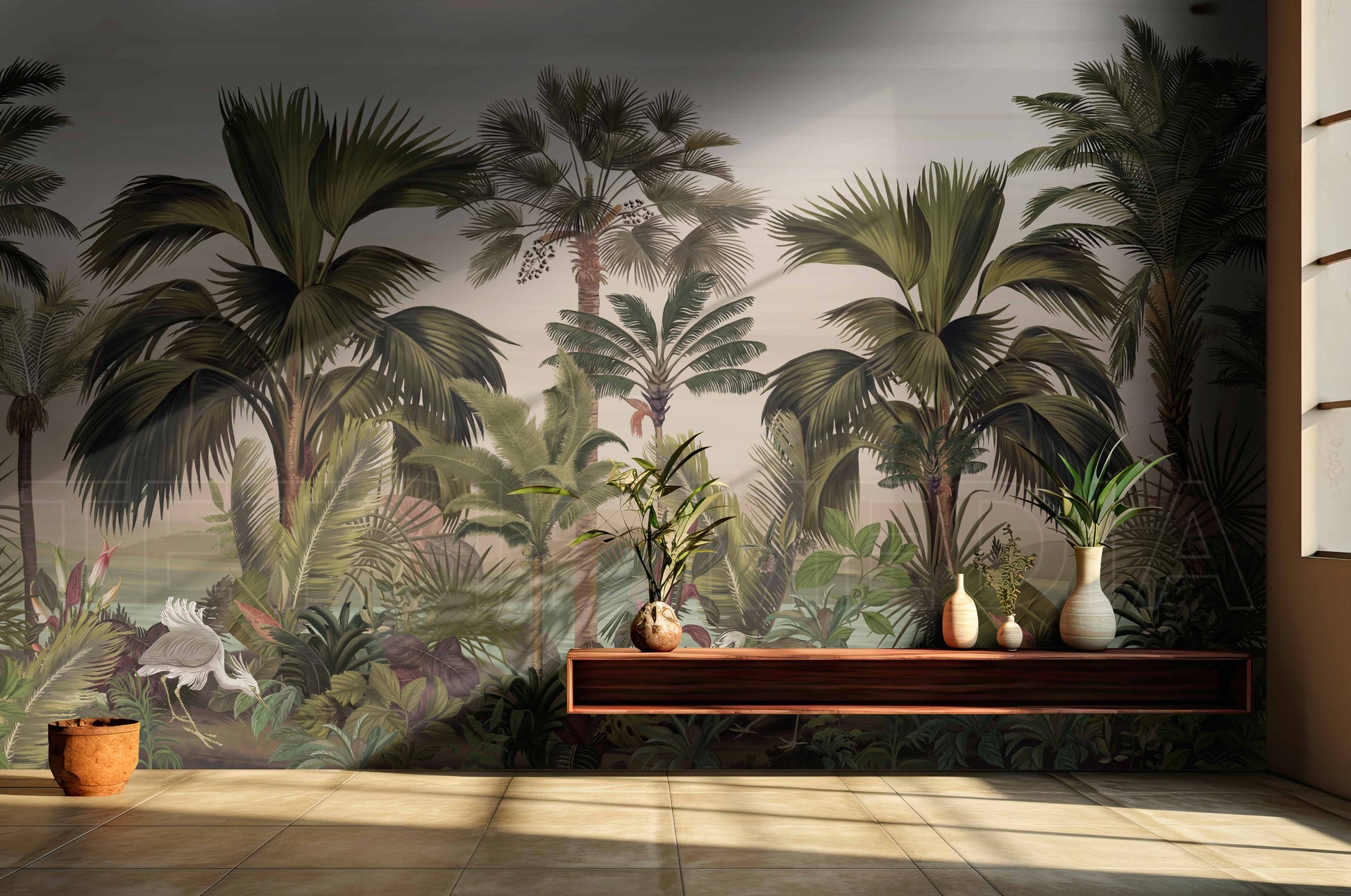 An architectural perspective of a contemporary foyer featuring the Exotic Palm Retreat Mural in Noble Cream as a full-scale feature wall. The mural’s expansive botanical vista pairs elegantly with a floating dark wood console and organic ceramic vases, creating a peaceful and cultured interior sanctuary.