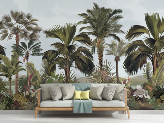 An architectural perspective of a contemporary foyer featuring the Exotic Palm Retreat Mural in Whispery Breeze as a full-scale feature wall. The mural’s expansive botanical vista pairs elegantly with light-toned furniture and natural wood accents, creating a peaceful and cultured interior sanctuary.