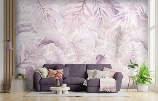 An architectural perspective of a contemporary master suite featuring the Exotica Blend Mural in Dreamy Lilac as a full-scale feature wall behind a light-colored upholstered bed. The mural’s soft violet tones pair elegantly with white linens and silver accents, creating a serene and cultured interior sanctuary.