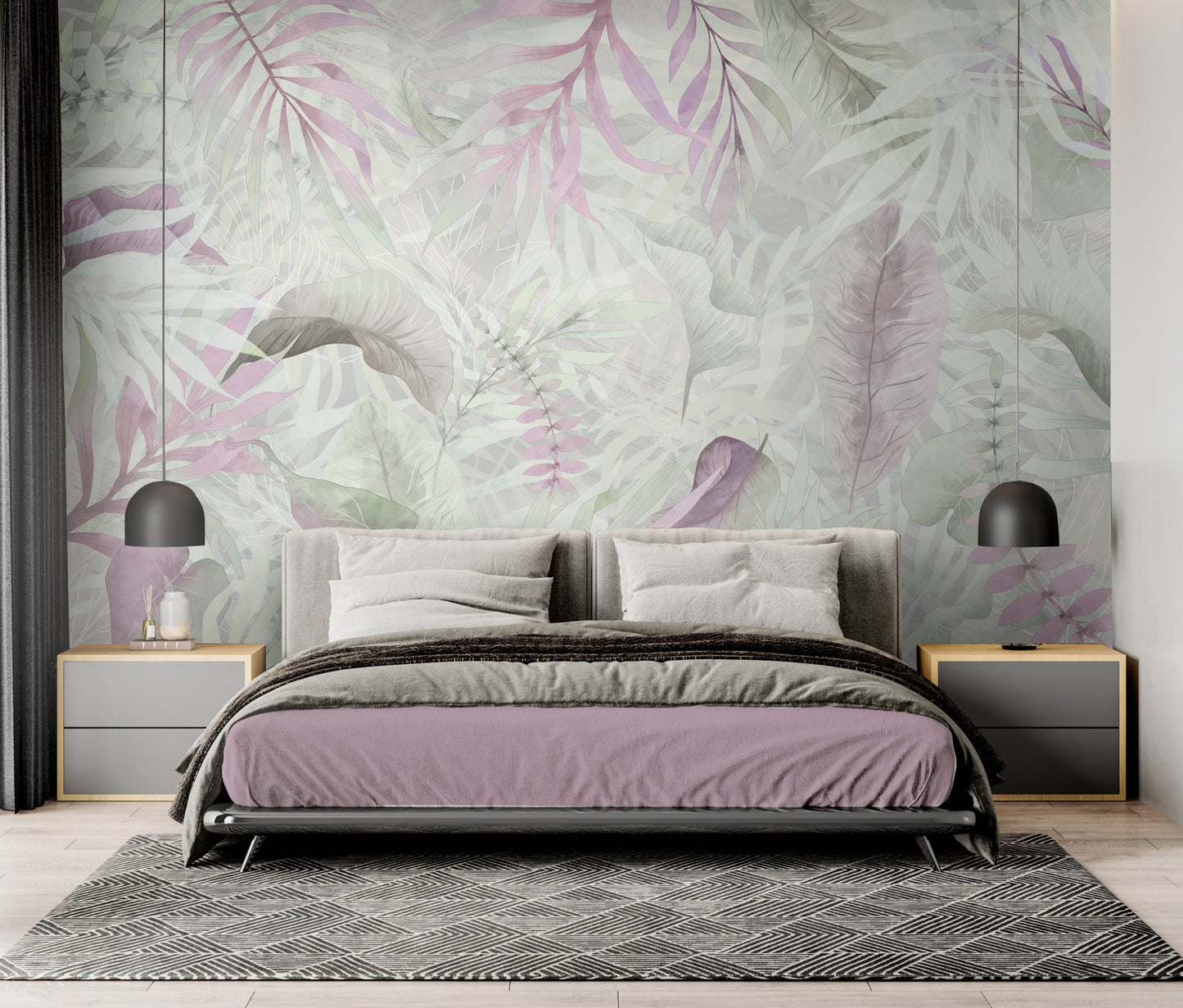 Silver pink colour Exotica Blend tropical leaf mural wallpaper installed as a feature wall in a living room, dining room, and bedroom, showcasing soft pink tones and modern tropical mural wallpaper design.