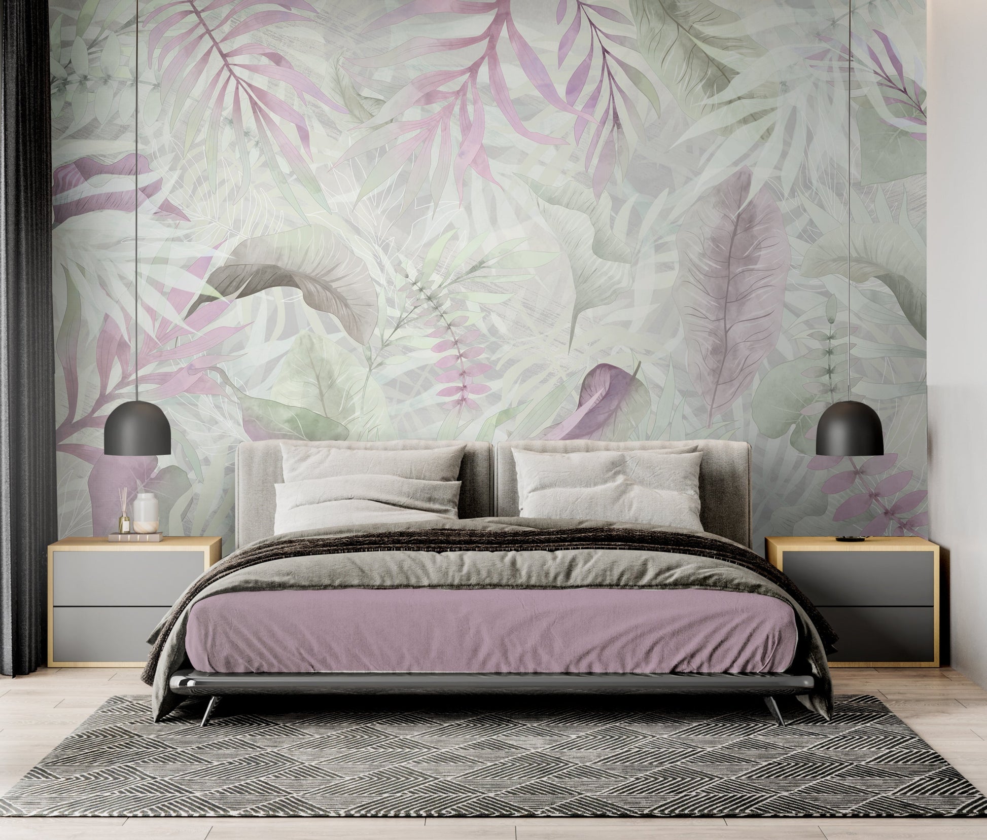 Silver pink colour Exotica Blend tropical leaf mural wallpaper installed as a feature wall in a living room, dining room, and bedroom, showcasing soft pink tones and modern tropical mural wallpaper design.