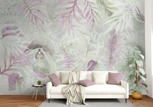 Silver pink colour Exotica Blend tropical leaf mural wallpaper installed as a feature wall in a living room, dining room, and bedroom, showcasing soft pink tones and modern tropical mural wallpaper design.