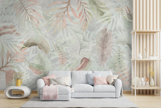 An architectural perspective of a contemporary, sunlit lounge featuring the Exotica Blend Mural as a full-scale accent wall. The mural’s muted pastels and grey tones pair elegantly with a light grey sectional, pale wood shelving, and minimalist decor, creating a serene and expansive modern living space.