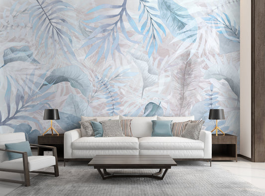 Summer blue colour Exotica Blend tropical leaf mural wallpaper installed as a feature wall in a living room, dining room, and bedroom, showcasing vibrant blue tones and modern tropical mural wallpaper design.