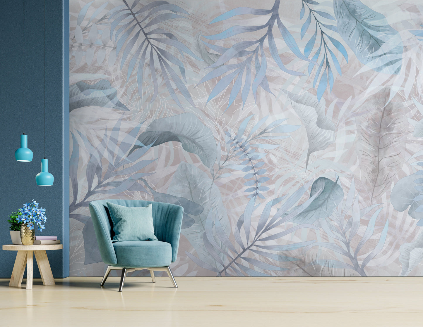 Summer blue colour Exotica Blend tropical leaf mural wallpaper installed as a feature wall in a living room, dining room, and bedroom, showcasing vibrant blue tones and modern tropical mural wallpaper design.