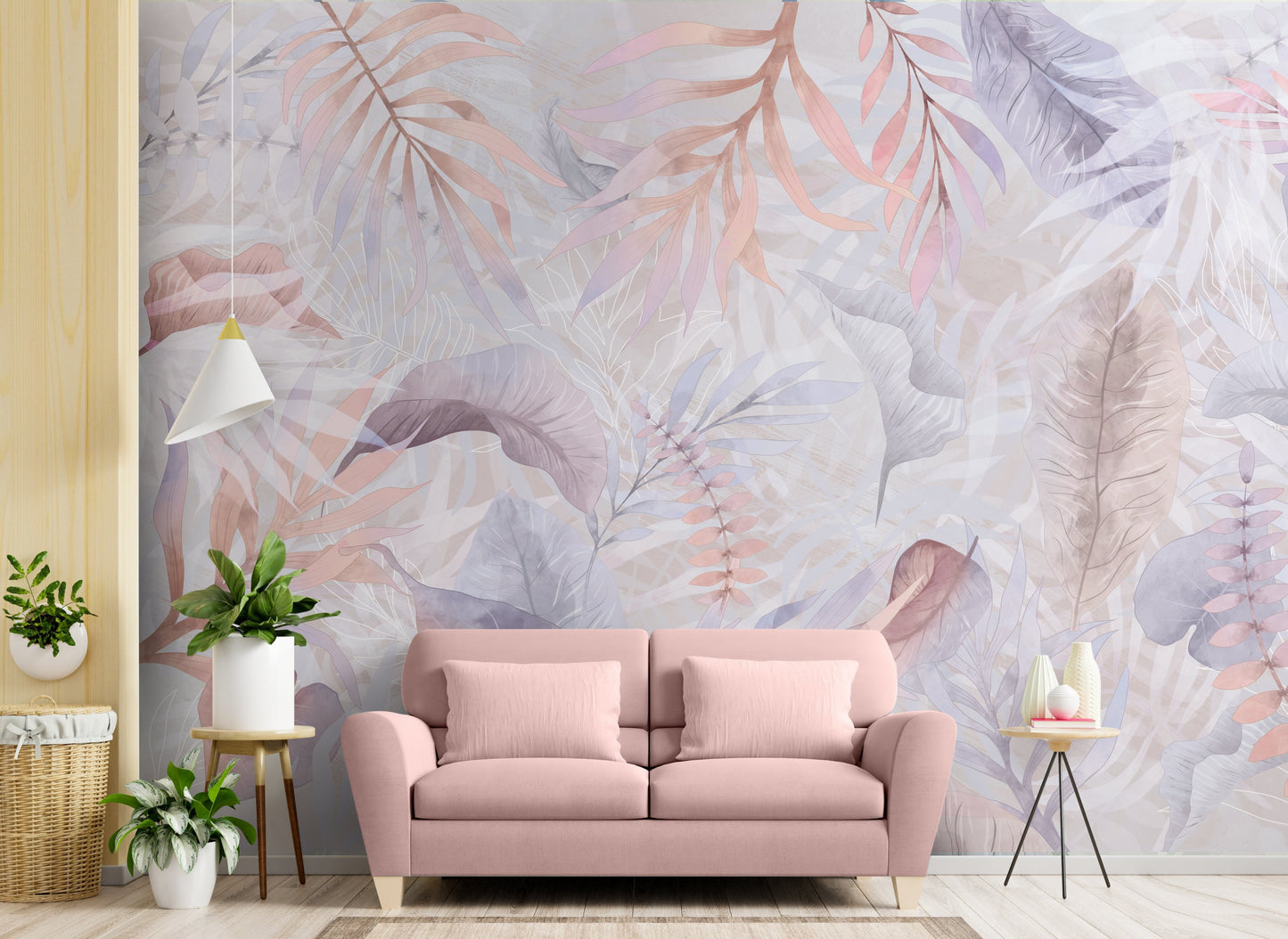 Pastel coral colour Exotica Blend tropical leaf mural wallpaper installed as a feature wall in a living room, dining room, and bedroom, showcasing soft coral tones and modern tropical mural wallpaper design.