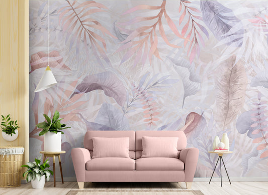Pastel coral colour Exotica Blend tropical leaf mural wallpaper installed as a feature wall in a living room, dining room, and bedroom, showcasing soft coral tones and modern tropical mural wallpaper design.