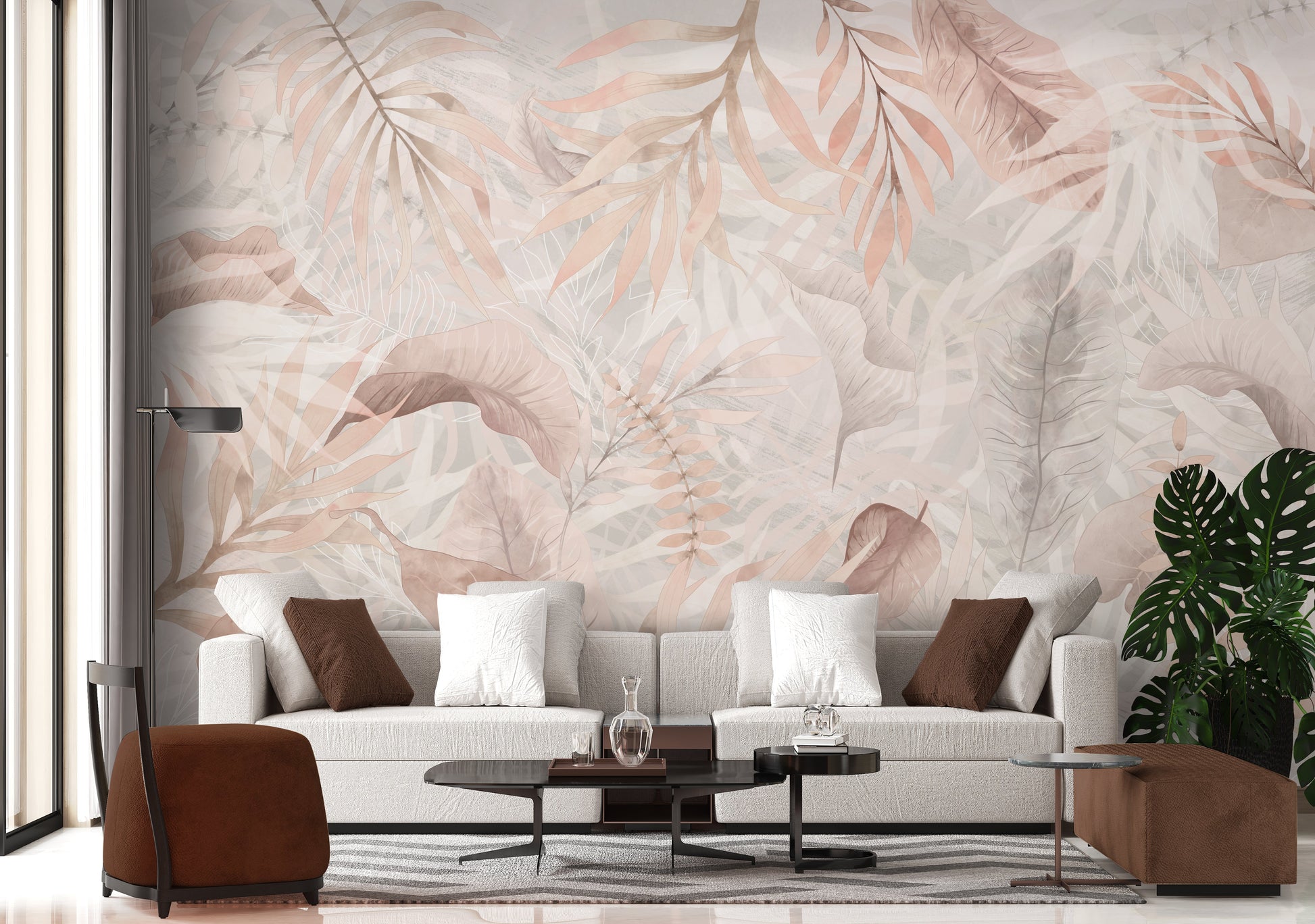 Gentle peach colour Exotica Blend tropical leaf mural wallpaper displayed as a feature wall in a living room, dining room, and bedroom, highlighting soft peach tones and modern tropical mural wallpaper design.