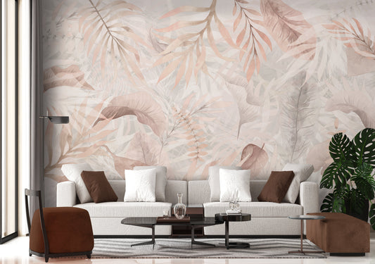 Gentle peach colour Exotica Blend tropical leaf mural wallpaper displayed as a feature wall in a living room, dining room, and bedroom, highlighting soft peach tones and modern tropical mural wallpaper design.