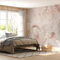 Gentle peach colour Exotica Blend tropical leaf mural wallpaper displayed as a feature wall in a living room, dining room, and bedroom, highlighting soft peach tones and modern tropical mural wallpaper design.