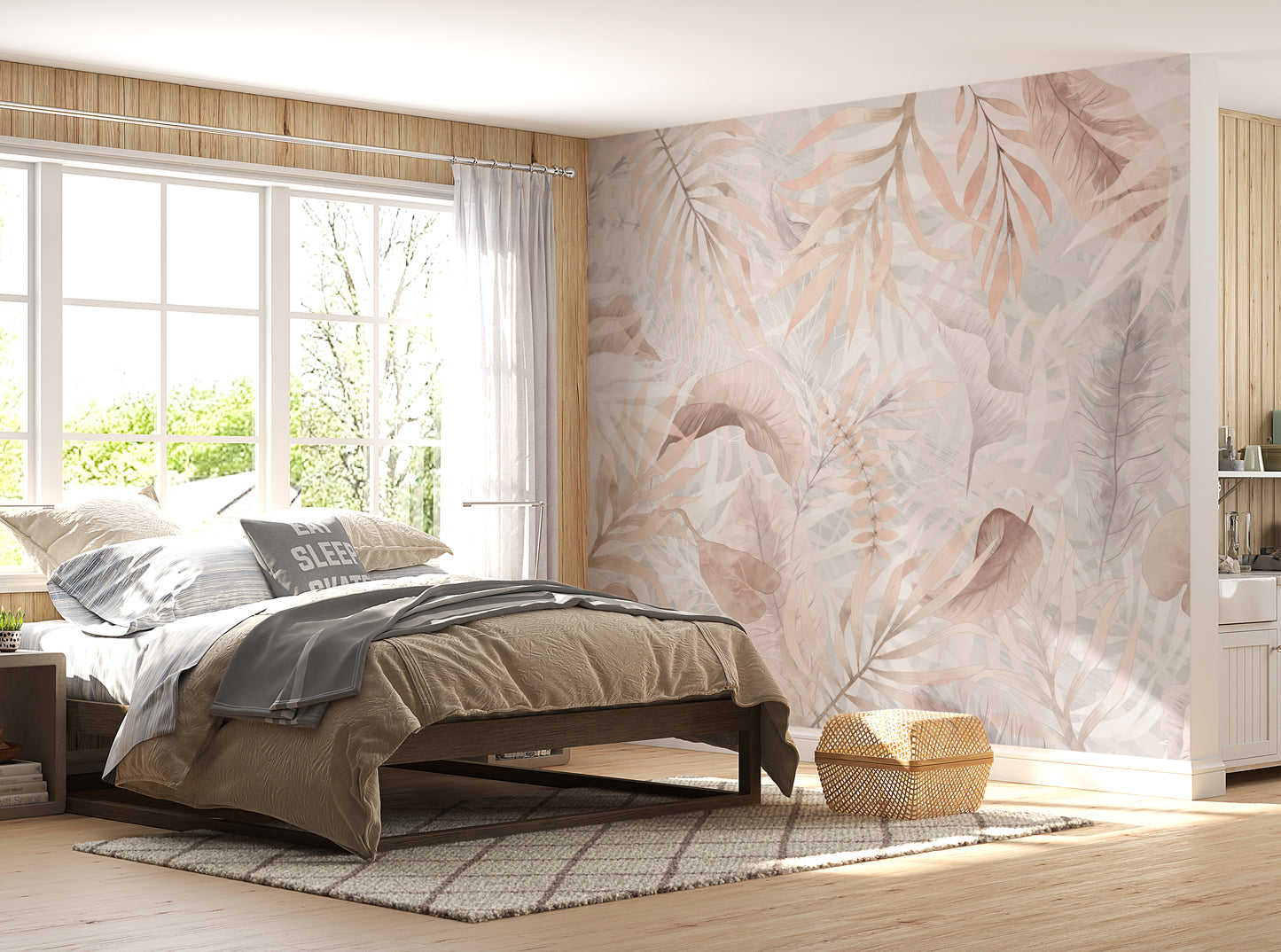 Gentle peach colour Exotica Blend tropical leaf mural wallpaper displayed as a feature wall in a living room, dining room, and bedroom, highlighting soft peach tones and modern tropical mural wallpaper design.