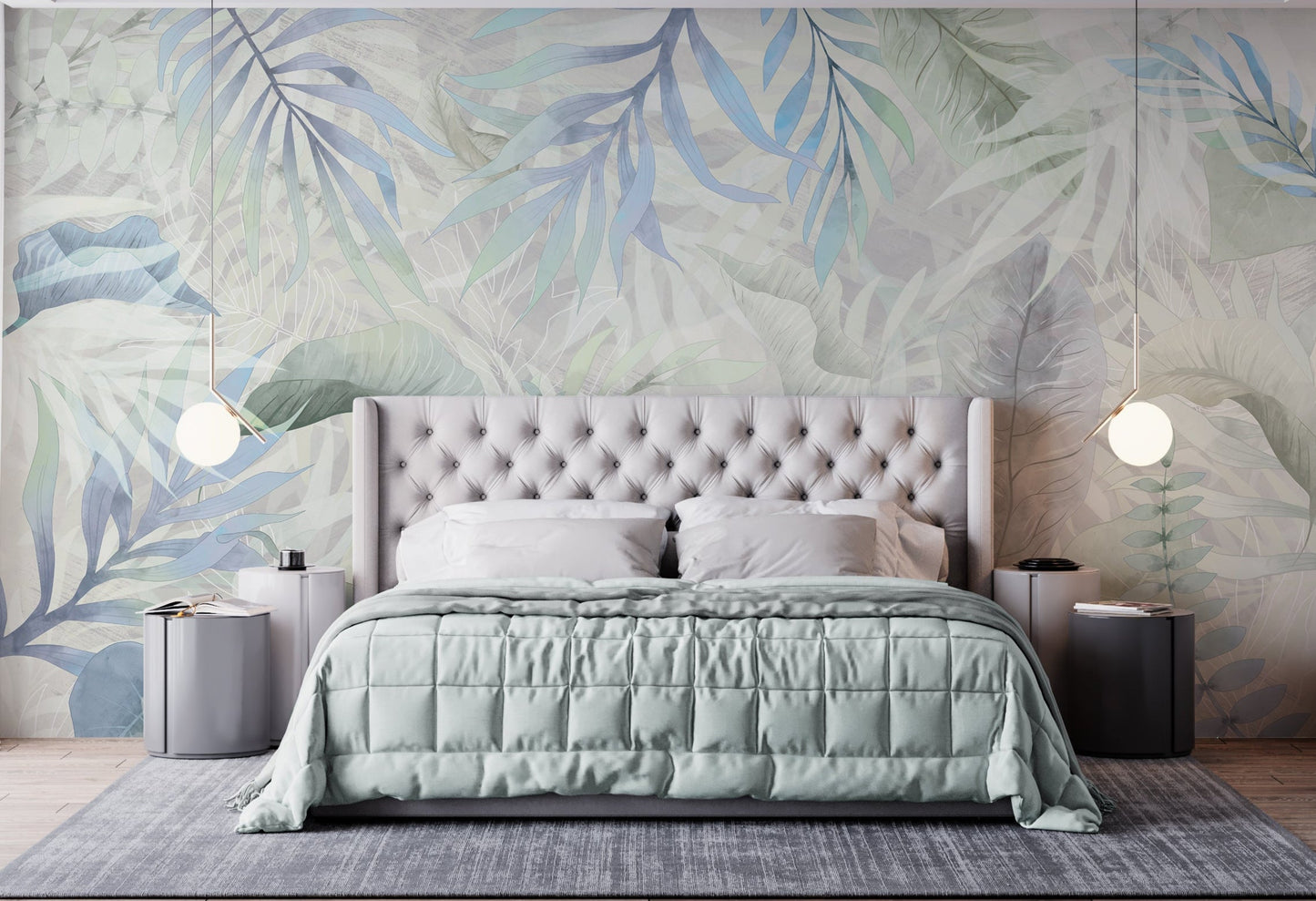 Muted gray colour Exotica Blend tropical leaf mural wallpaper displayed as a feature wall in a living room, dining room, and bedroom, highlighting neutral gray tones and modern tropical mural wallpaper design.