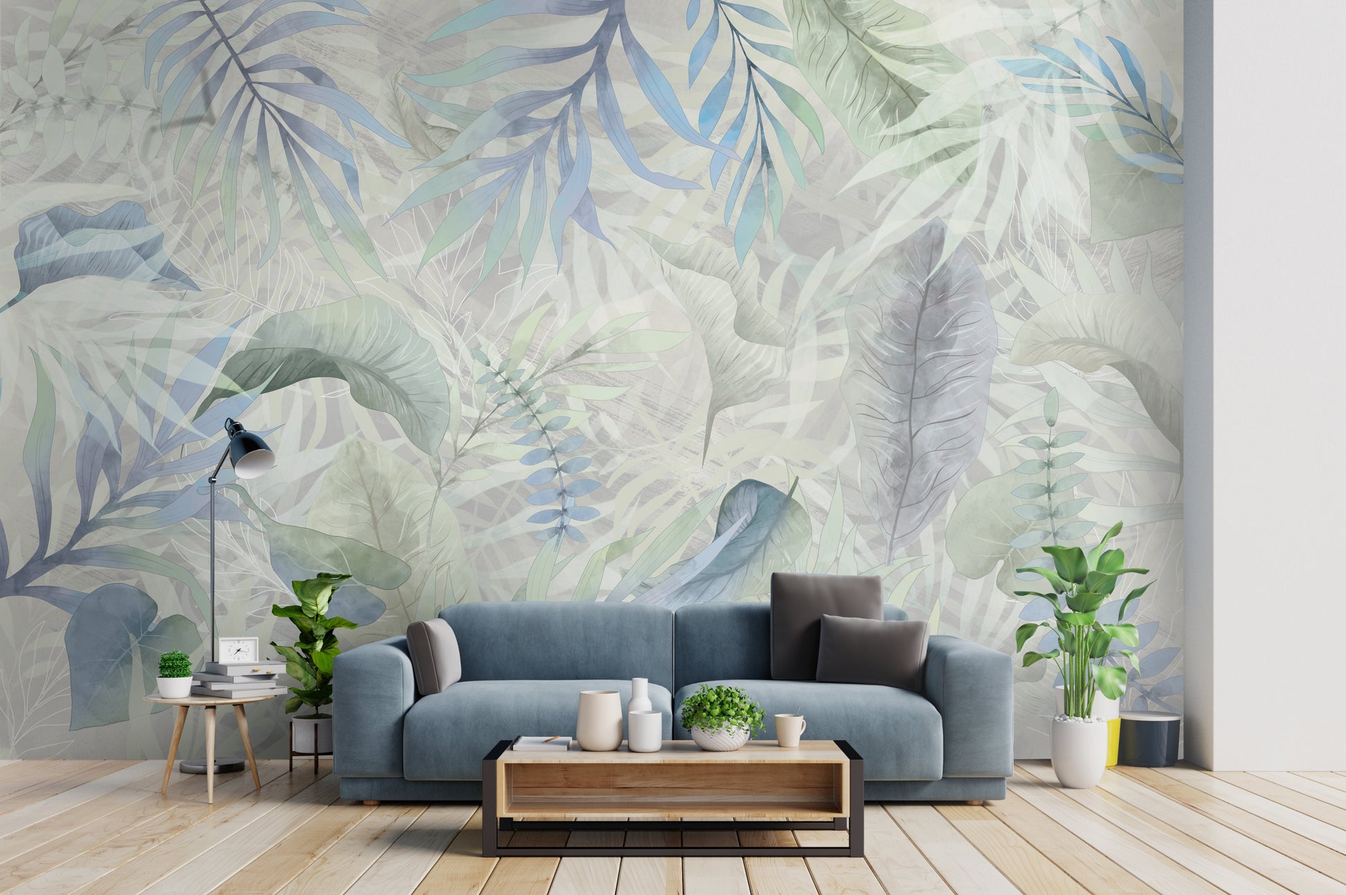 Muted gray colour Exotica Blend tropical leaf mural wallpaper displayed as a feature wall in a living room, dining room, and bedroom, highlighting neutral gray tones and modern tropical mural wallpaper design.