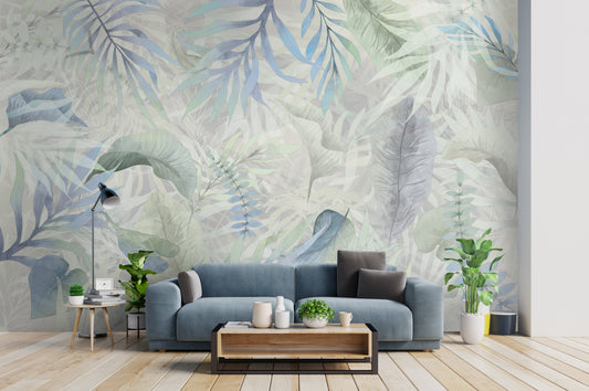 Muted gray colour Exotica Blend tropical leaf mural wallpaper displayed as a feature wall in a living room, dining room, and bedroom, highlighting neutral gray tones and modern tropical mural wallpaper design.
