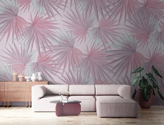 An architectural perspective of a contemporary minimalist lounge featuring the Fan Palm Leaves Mural in Chalky Pink as a full-scale feature wall. The mural’s warm, oversized botanical patterns pair elegantly with natural oak furniture, cream textiles, and clay pottery, creating a serene and cultured interior sanctuary.