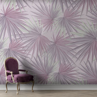 An architectural perspective of a contemporary minimalist lounge featuring the Fan Palm Leaves Mural in Dusty Lilac as a full-scale feature wall. The mural’s soft, oversized botanical patterns pair elegantly with brass accents, cream textiles, and light wood flooring, creating a serene and cultured interior sanctuary.