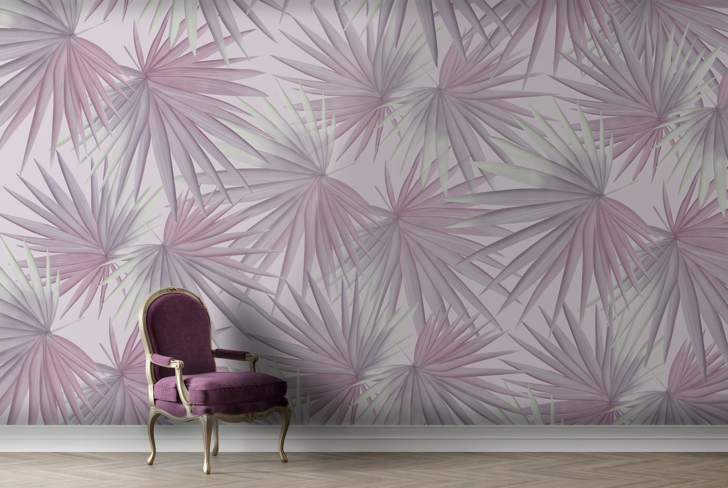 An architectural perspective of a contemporary minimalist lounge featuring the Fan Palm Leaves Mural in Dusty Lilac as a full-scale feature wall. The mural’s soft, oversized botanical patterns pair elegantly with brass accents, cream textiles, and light wood flooring, creating a serene and cultured interior sanctuary.
