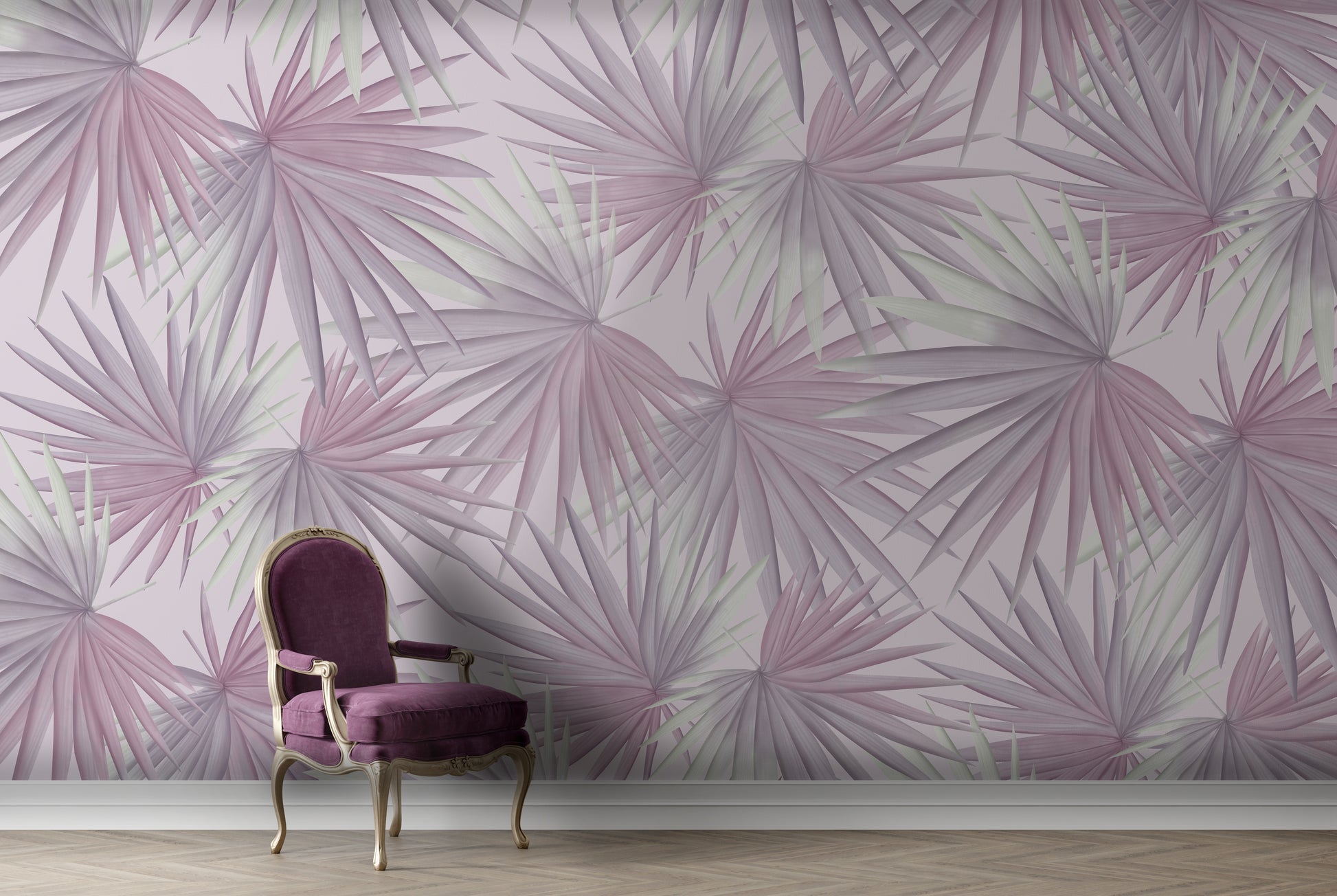 An architectural perspective of a contemporary minimalist lounge featuring the Fan Palm Leaves Mural in Dusty Lilac as a full-scale feature wall. The mural’s soft, oversized botanical patterns pair elegantly with brass accents, cream textiles, and light wood flooring, creating a serene and cultured interior sanctuary.