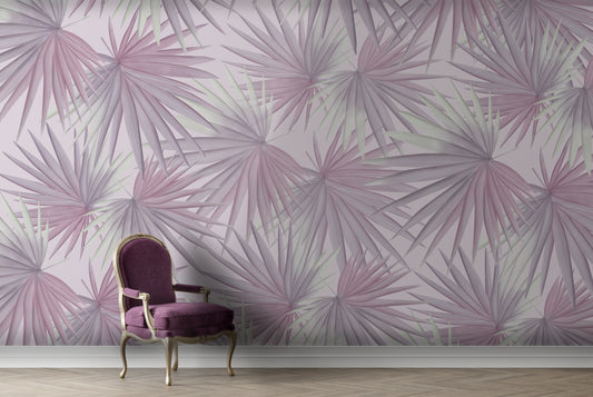 An architectural perspective of a contemporary minimalist lounge featuring the Fan Palm Leaves Mural in Dusty Lilac as a full-scale feature wall. The mural’s soft, oversized botanical patterns pair elegantly with brass accents, cream textiles, and light wood flooring, creating a serene and cultured interior sanctuary.