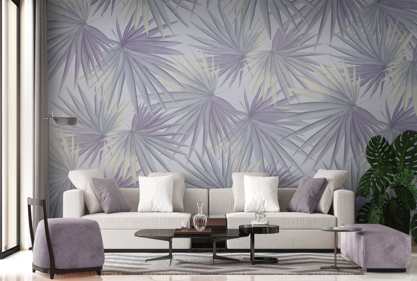 An architectural perspective of a contemporary minimalist lounge featuring the Fan Palm Leaves Mural in Muted Gray as a full-scale feature wall. The mural’s neutral, oversized botanical patterns pair elegantly with black metal accents, sleek furniture, and polished concrete flooring, creating a serene and cultured interior sanctuary.