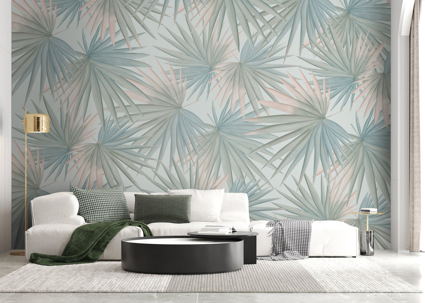 An architectural perspective of a contemporary minimalist lounge featuring the Fan Palm Leaves Mural in Pastel Grey Green as full-scale feature wall. The mural’s soft, oversized botanical patterns pair elegantly with charcoal metal accents and light wood flooring, creating a serene and cultured interior sanctuary.