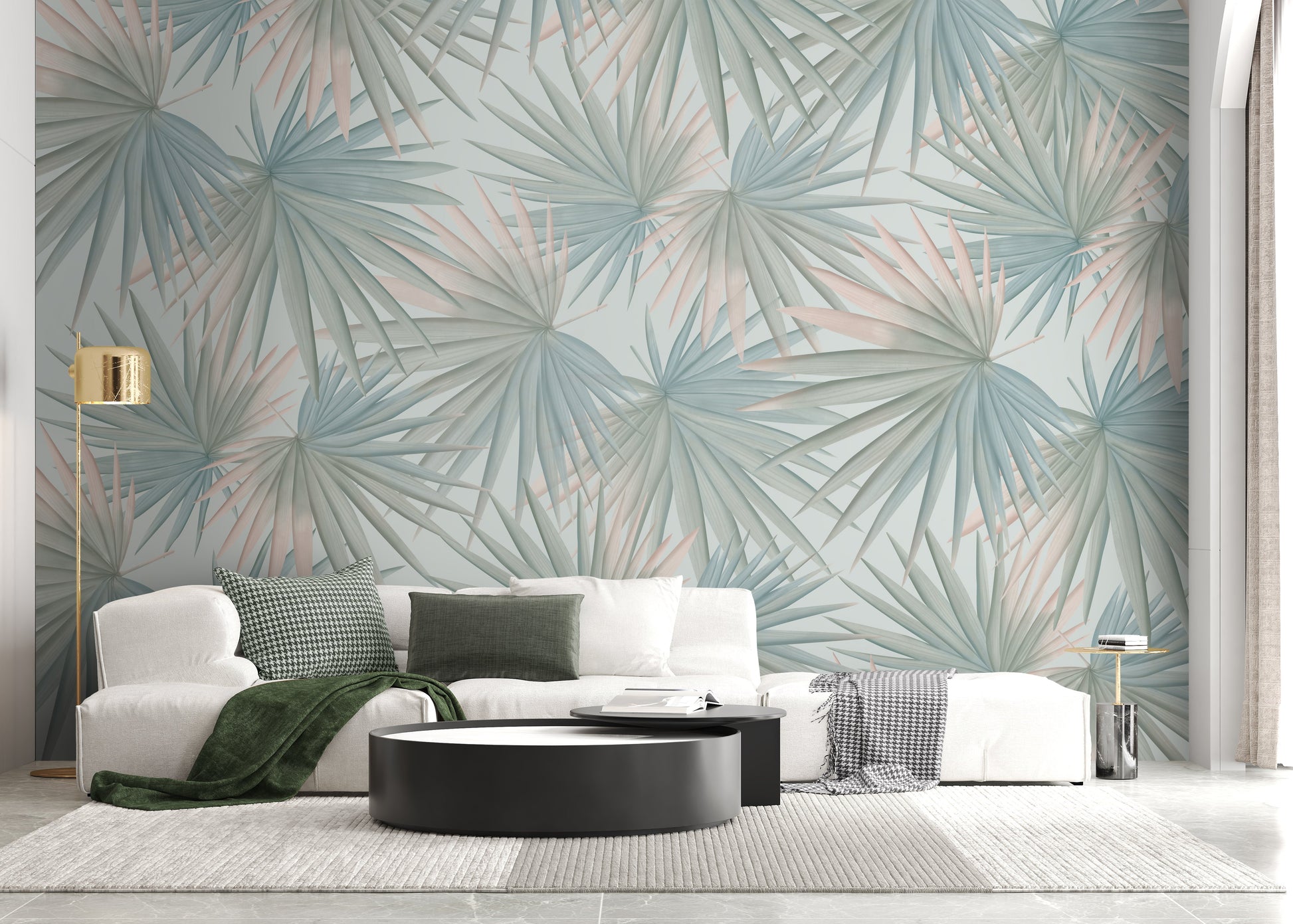 An architectural perspective of a contemporary minimalist lounge featuring the Fan Palm Leaves Mural in Pastel Grey Green as full-scale feature wall. The mural’s soft, oversized botanical patterns pair elegantly with charcoal metal accents and light wood flooring, creating a serene and cultured interior sanctuary.