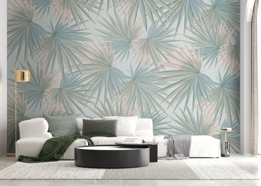 An architectural perspective of a contemporary minimalist lounge featuring the Fan Palm Leaves Mural in Pastel Grey Green as full-scale feature wall. The mural’s soft, oversized botanical patterns pair elegantly with charcoal metal accents and light wood flooring, creating a serene and cultured interior sanctuary.