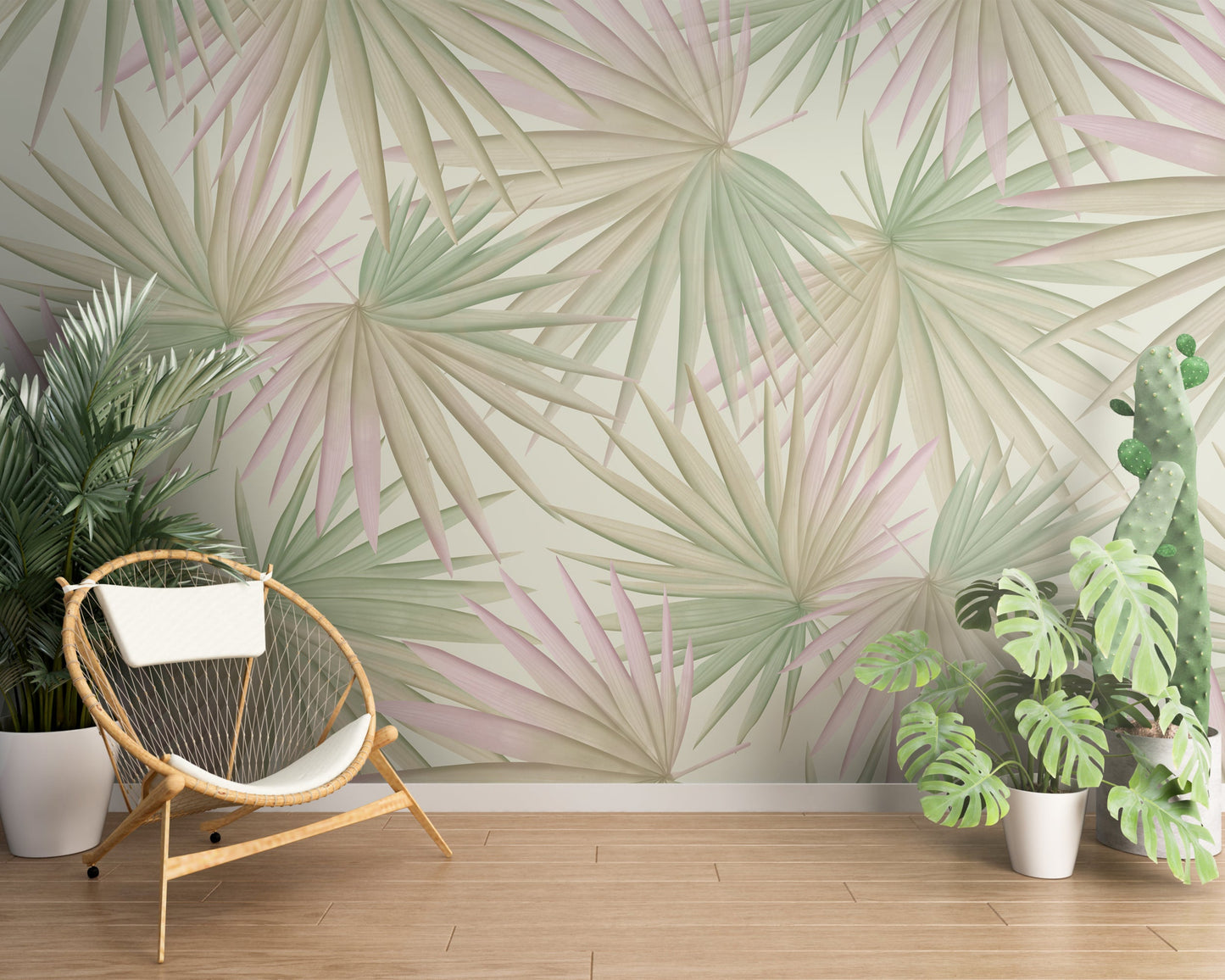 An architectural perspective of a contemporary minimalist lounge featuring the Fan Palm Leaves Mural as a full-scale feature wall. The mural’s soft, oversized botanical patterns pair elegantly with a mid-century modern wicker chair and light wood flooring, creating a serene and cultured interior sanctuary.