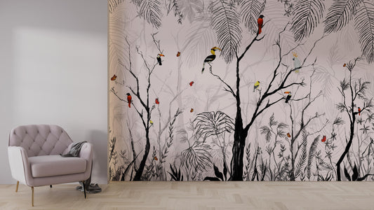 An architectural perspective of a refined master suite or boutique lounge featuring the Feathered Canopy Mural as a full-scale feature wall. The mural’s airy, illustrative style pairs elegantly with velvet textures and gold accents, creating a peaceful and cultured interior sanctuary.