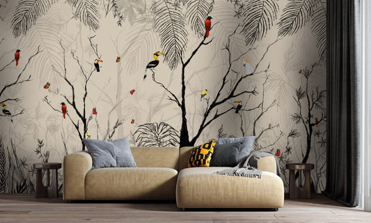 An architectural perspective of a sophisticated living area featuring the Feathered Canopy Mural as a full-scale feature wall. The mural’s airy, illustrative style pairs elegantly with natural wood textures and oatmeal-colored upholstery, creating a peaceful and cultured interior sanctuary.