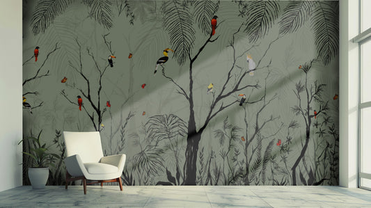 "Enhance your interior with the artistic elegance of our Feathered Canopy Tropical Wallpaper in Khaki Olive. Featuring hand-sketched branches and vibrant exotic birds in a deep organic palette, this artisan mural adds architectural scale and a refined natural feel to any space."