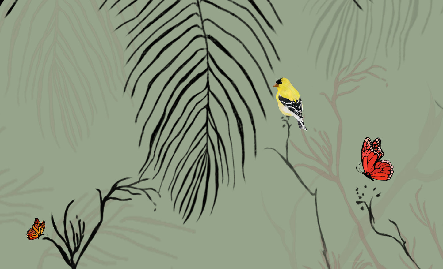 "Enhance your interior with the artistic elegance of our Feathered Canopy Tropical Wallpaper in Khaki Olive. Featuring hand-sketched branches and vibrant exotic birds in a deep organic palette, this artisan mural adds architectural scale and a refined natural feel to any space."