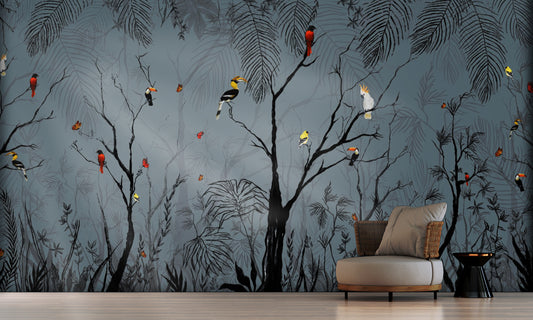 An architectural perspective of a grand dining room or executive suite featuring the Feathered Canopy Mural as a full-scale feature wall. The mural’s airy, illustrative style pairs elegantly with brass accents and velvet furniture, creating a bold and cultured interior sanctuary.