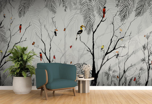 An architectural perspective of a refined nursery or master suite featuring the Feathered Canopy Mural as a full-scale feature wall. The mural’s airy, illustrative style pairs elegantly with soft linen textures and natural wood furniture, creating a peaceful and cultured interior sanctuary.