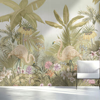 An architectural perspective of a contemporary lounge featuring the Flamingo Eden Mural in Feather Beige as a full-scale feature wall. The mural’s neutral botanical composition pairs elegantly with minimalist furniture and natural linen textiles, creating a peaceful and sophisticated tropical retreat.