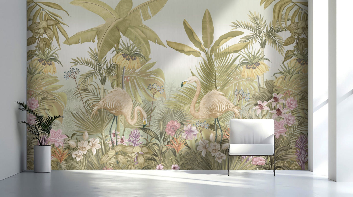 An architectural perspective of a contemporary lounge featuring the Flamingo Eden Mural in Feather Beige as a full-scale feature wall. The mural’s neutral botanical composition pairs elegantly with minimalist furniture and natural linen textiles, creating a peaceful and sophisticated tropical retreat.