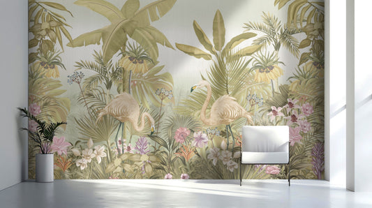 An architectural perspective of a contemporary lounge featuring the Flamingo Eden Mural in Feather Beige as a full-scale feature wall. The mural’s neutral botanical composition pairs elegantly with minimalist furniture and natural linen textiles, creating a peaceful and sophisticated tropical retreat.