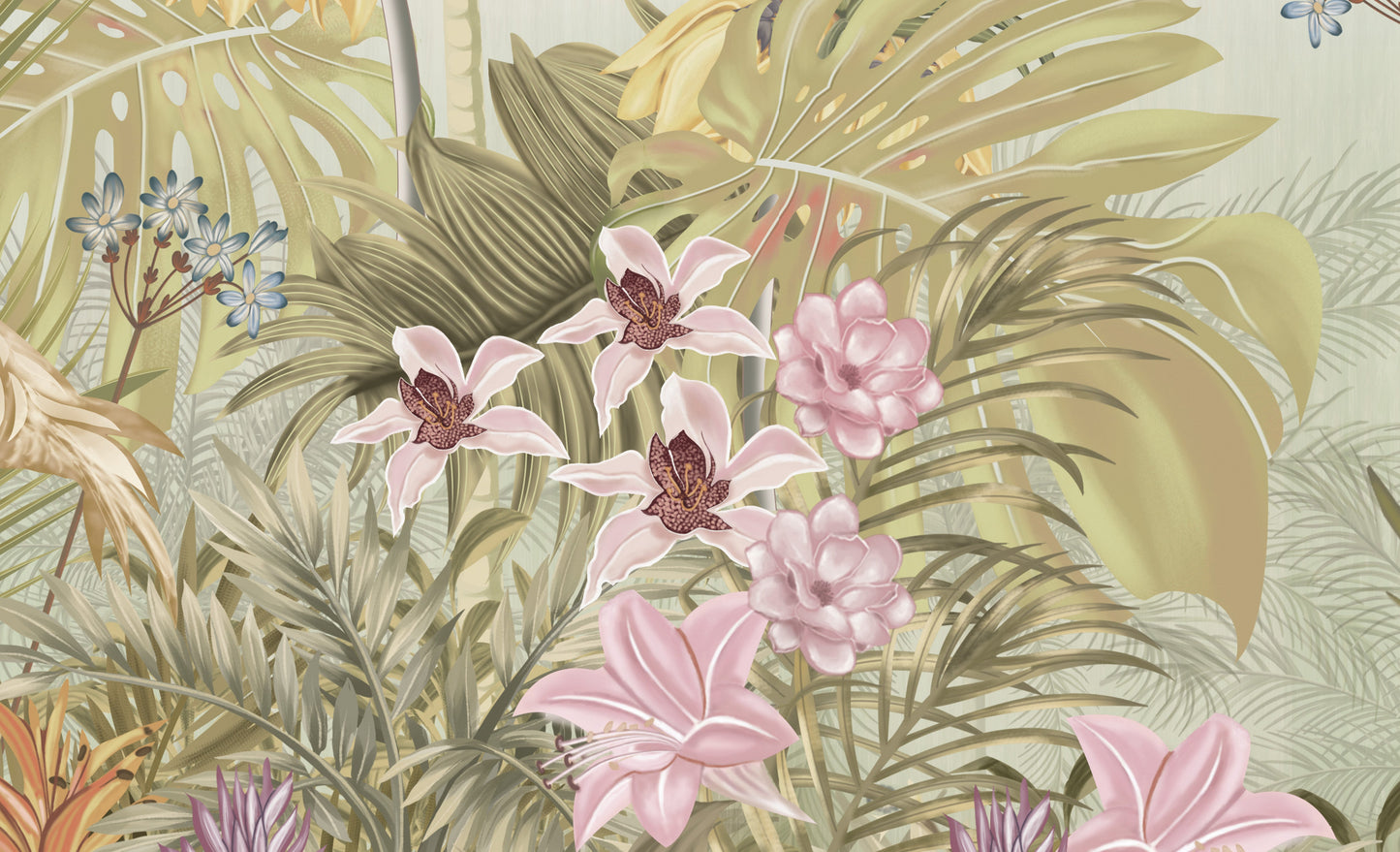 An architectural perspective of a contemporary lounge featuring the Flamingo Eden Mural in Feather Beige as a full-scale feature wall. The mural’s neutral botanical composition pairs elegantly with minimalist furniture and natural linen textiles, creating a peaceful and sophisticated tropical retreat.