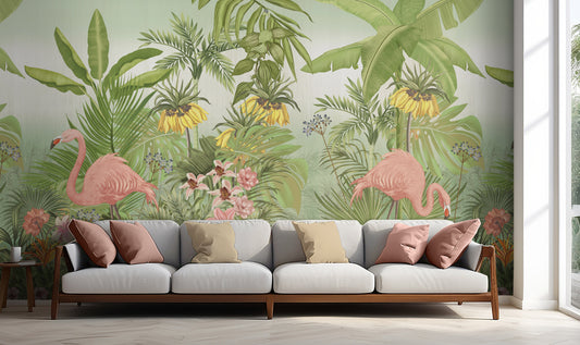 An architectural perspective of a contemporary living space featuring the Flamingo Eden Mural as a full-scale feature wall behind a sleek mid-century sofa. The mural’s vibrant tropical composition pairs elegantly with neutral textiles and natural wood flooring, creating a sophisticated and immersive nature-inspired retreat.