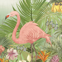 An architectural perspective of a contemporary living space featuring the Flamingo Eden Mural as a full-scale feature wall behind a sleek mid-century sofa. The mural’s vibrant tropical composition pairs elegantly with neutral textiles and natural wood flooring, creating a sophisticated and immersive nature-inspired retreat.