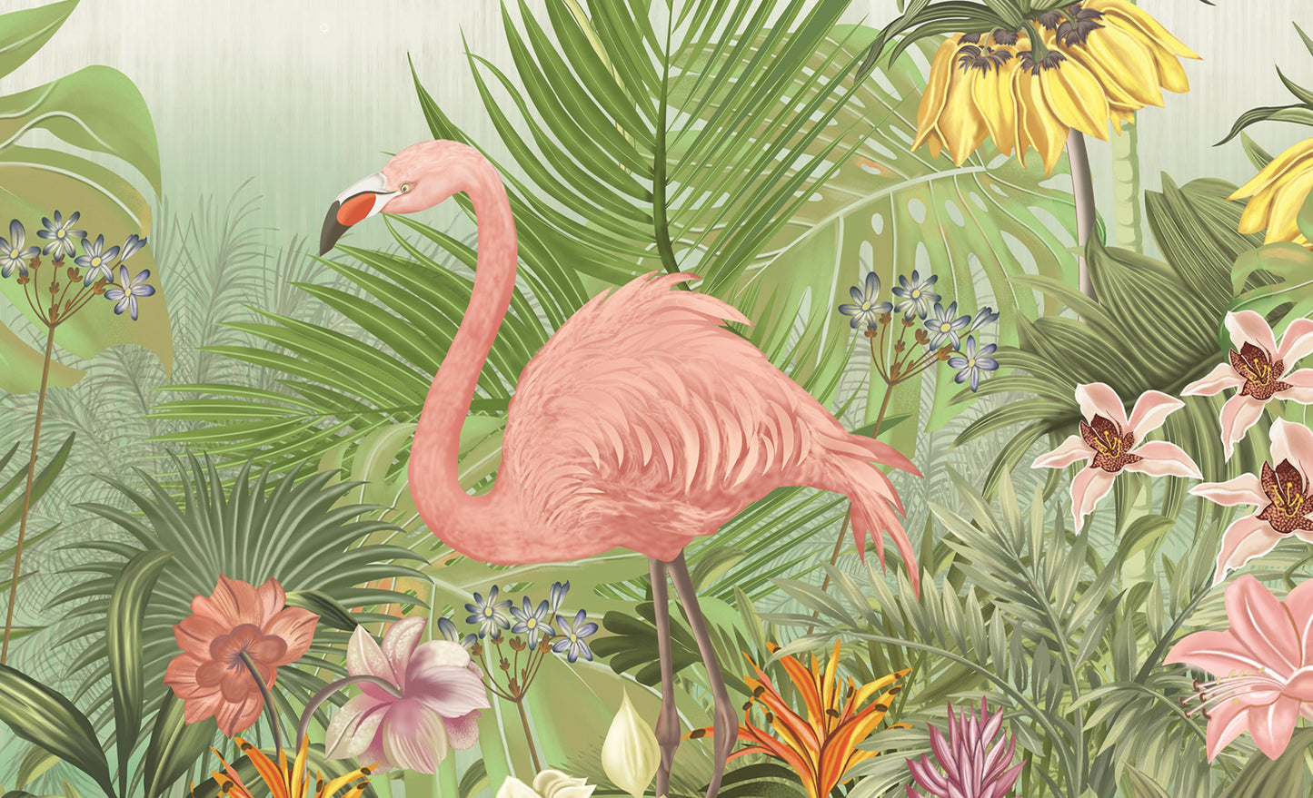 An architectural perspective of a contemporary living space featuring the Flamingo Eden Mural as a full-scale feature wall behind a sleek mid-century sofa. The mural’s vibrant tropical composition pairs elegantly with neutral textiles and natural wood flooring, creating a sophisticated and immersive nature-inspired retreat.