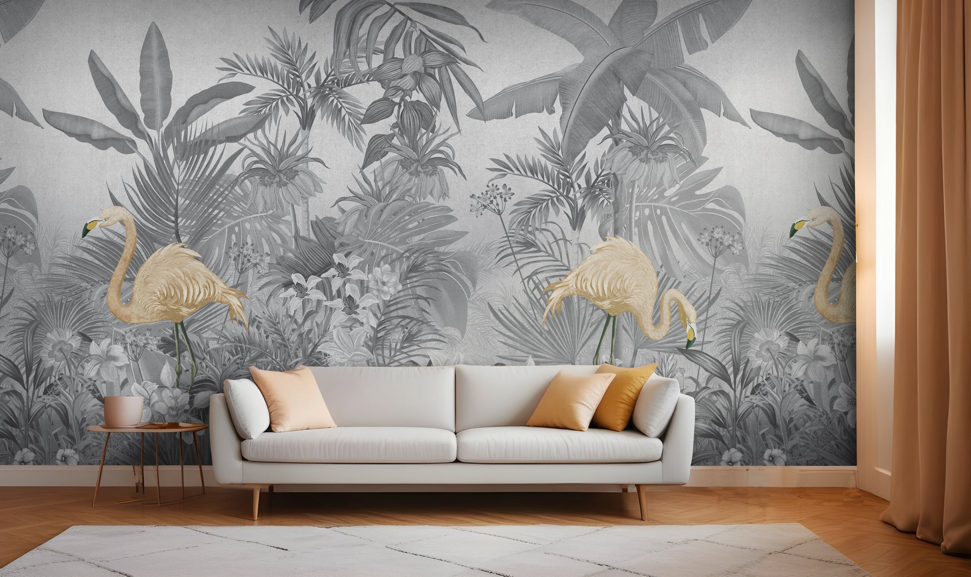An architectural perspective of a contemporary lounge featuring the Flamingo Eden Mural in Savannah Gray as a full-scale feature wall. The mural’s desaturated botanical composition pairs elegantly with dark-toned furniture and minimalist accents, creating a peaceful and sophisticated urban retreat.
