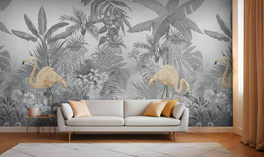 An architectural perspective of a contemporary lounge featuring the Flamingo Eden Mural in Savannah Gray as a full-scale feature wall. The mural’s desaturated botanical composition pairs elegantly with dark-toned furniture and minimalist accents, creating a peaceful and sophisticated urban retreat.