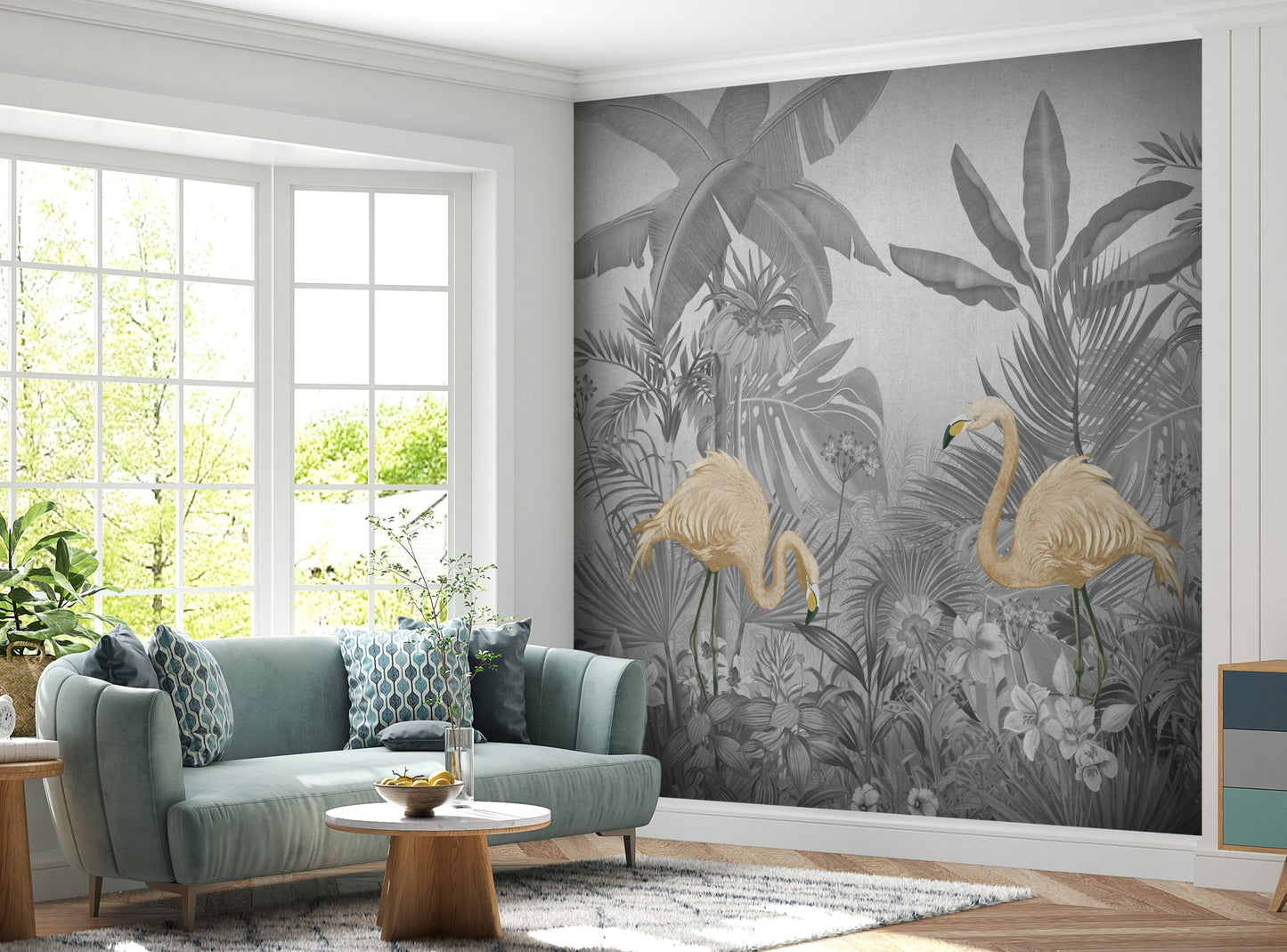 An architectural perspective of a contemporary lounge featuring the Flamingo Eden Mural in Savannah Gray as a full-scale feature wall. The mural’s desaturated botanical composition pairs elegantly with dark-toned furniture and minimalist accents, creating a peaceful and sophisticated urban retreat.