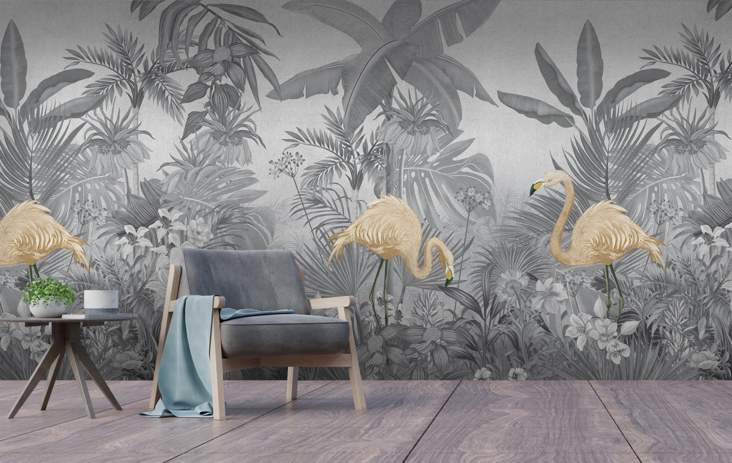 An architectural perspective of a contemporary lounge featuring the Flamingo Eden Mural in Savannah Gray as a full-scale feature wall. The mural’s desaturated botanical composition pairs elegantly with dark-toned furniture and minimalist accents, creating a peaceful and sophisticated urban retreat.