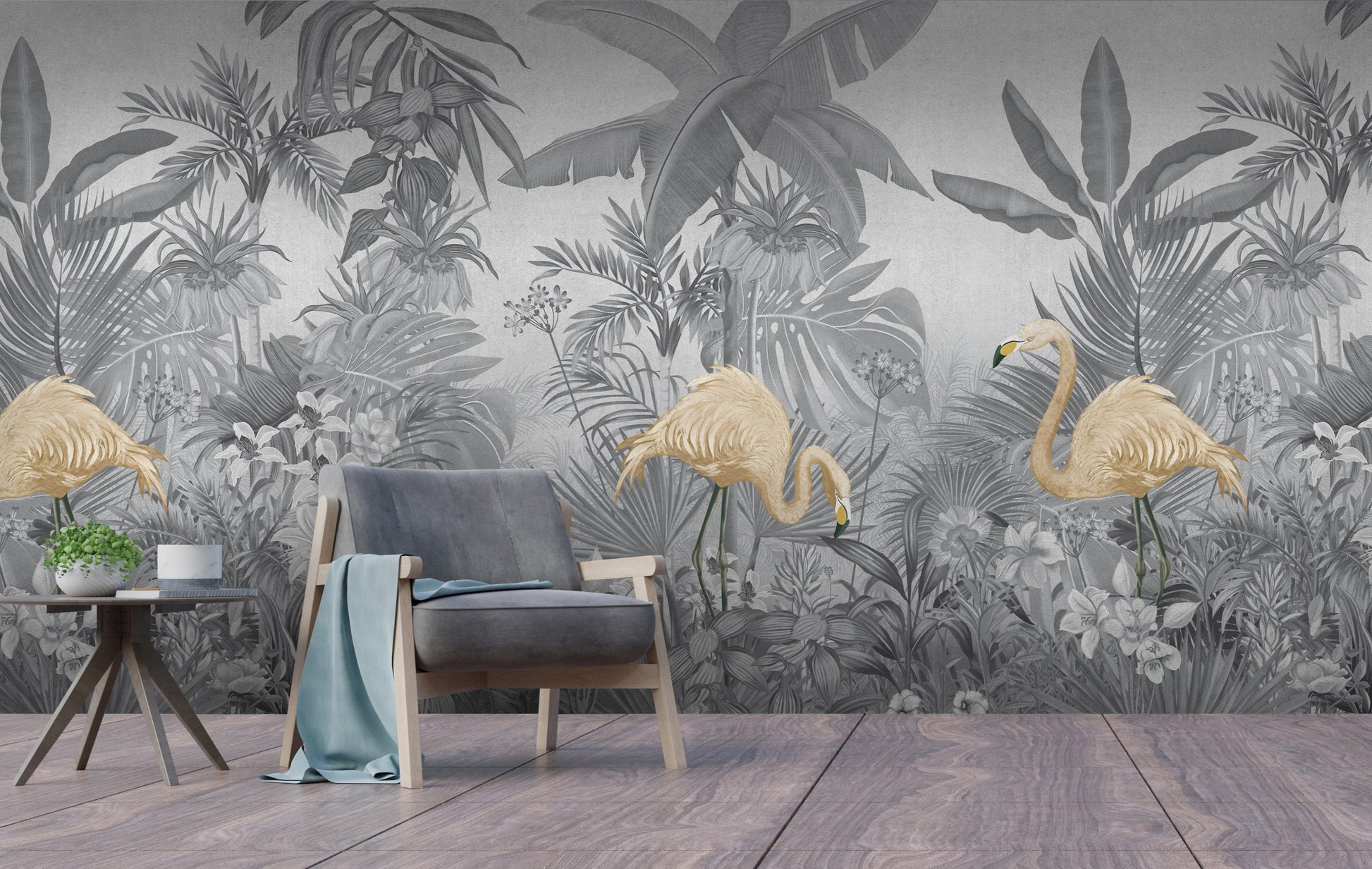 An architectural perspective of a contemporary lounge featuring the Flamingo Eden Mural in Savannah Gray as a full-scale feature wall. The mural’s desaturated botanical composition pairs elegantly with dark-toned furniture and minimalist accents, creating a peaceful and sophisticated urban retreat.